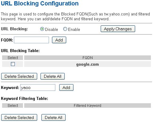 408. From the URL Blocking check ratio, check on Enable 409. Click Apply Changes 410.
