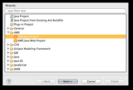 Creating an AWS Flow Framework for Java Project 3. Click File > New > AWS Java Project. 4. Use the wizard to create a new project.