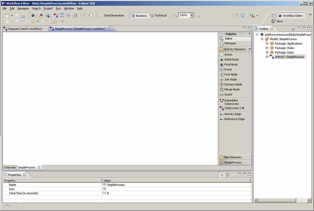 Figure 4: The graphical editor To create your first process, you need an InitialNode at the beginning, a FinalNode at the end and at least one action in the middle.