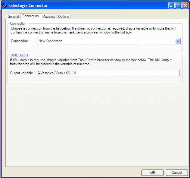 SalesLogix Connector Tool Through the Connection tab of the SalesLogix Connector dialog, see Figure 4 below, a connection is also required for the Step.