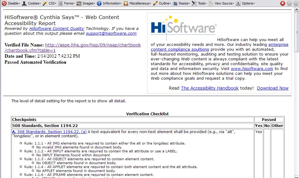 Web Developer Toolbar Selecting the Validate Section 508 menu option