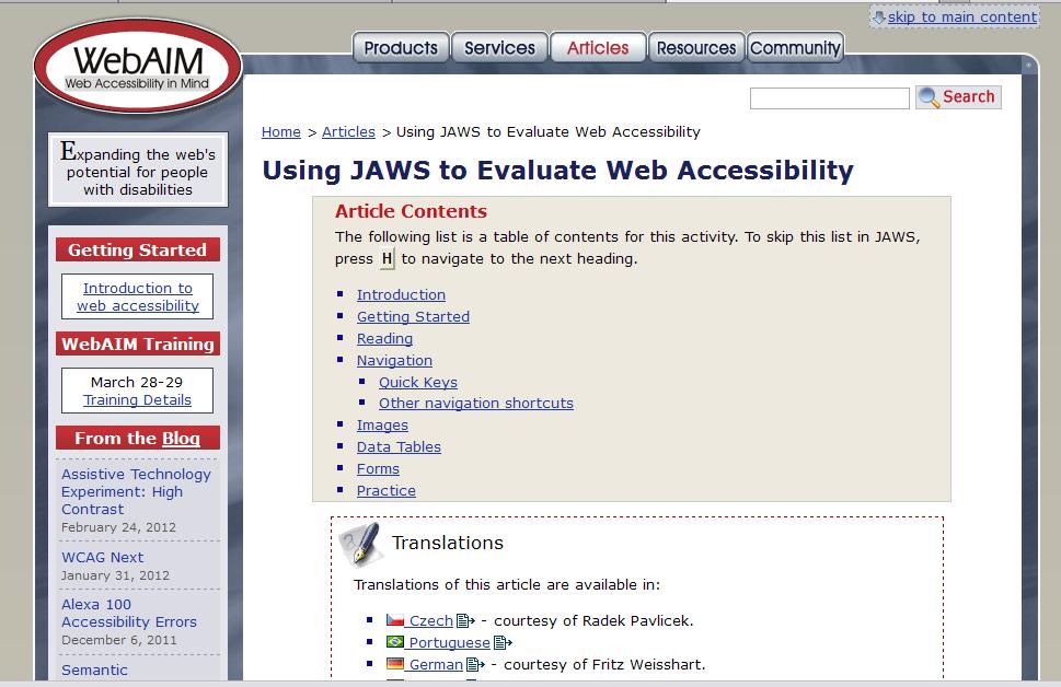 Freedom Scientific s JAWS Web AIM provides tips for testing