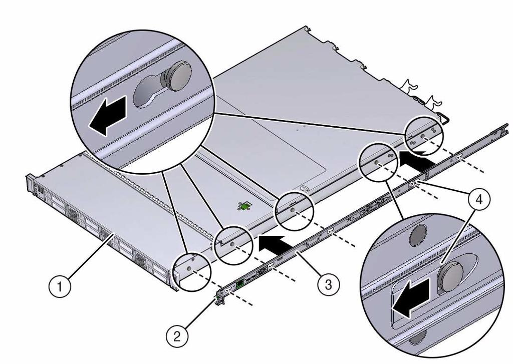 FIGURE: Aligning the Mounting Bracket With the Server Chassis Figure Legend 1 Chassis front 2 Slide-rail lock 3 Mounting bracket 4 Mounting bracket clip 2.