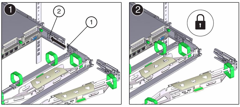 8. Insert the CMA s connector B into the front slot on the right slide-rail until it locks into place with an audible click [frames 1 and 2].