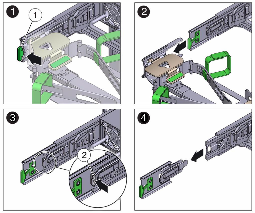 FIGURE: Disconnecting Connector D Figure Legend 1 Connector D release tab (green) 2 Slide-rail latching bracket release tab (labeled PUSH) b.