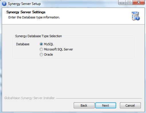Synergy Server Settings screen appears. Select the required database. Click Next.