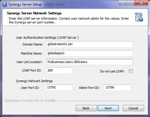 Synergy Server Network Settings screen appears. DOCU-PROOF ENTERPRISE INSTALLATION GUIDE This form refers to the LDAP (Lightweight Directory Access Protocol) authentication settings (i.e. connecting to a network for domain authentication or using local authentication) and the Synergy Network settings required.