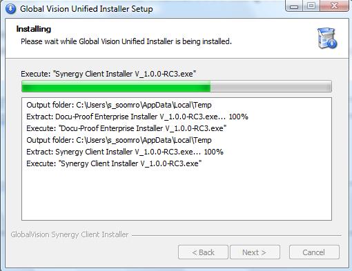 Global Vision Unified Installer Setup Wizard continues to install and automatically launches the Synergy Client Setup Wizard.