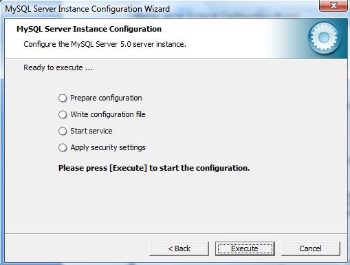 MySQL Server Instance Configuration screen appears. Click Execute.