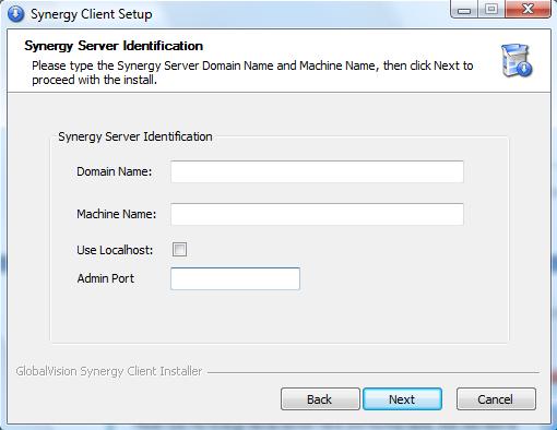 Synergy Server Identification screen appears. This form refers to the authentication settings required.