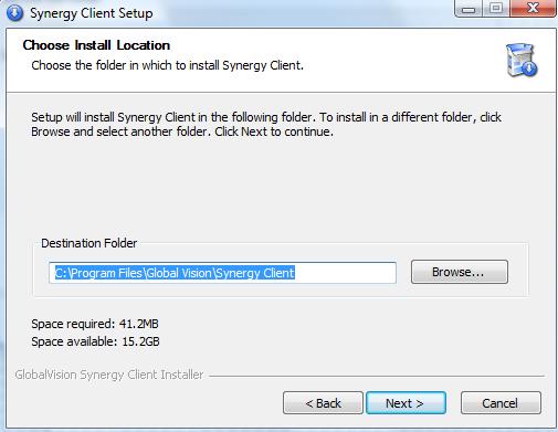 Settings of the Synergy Server installation. Click Next. Choose Install Location screen appears.