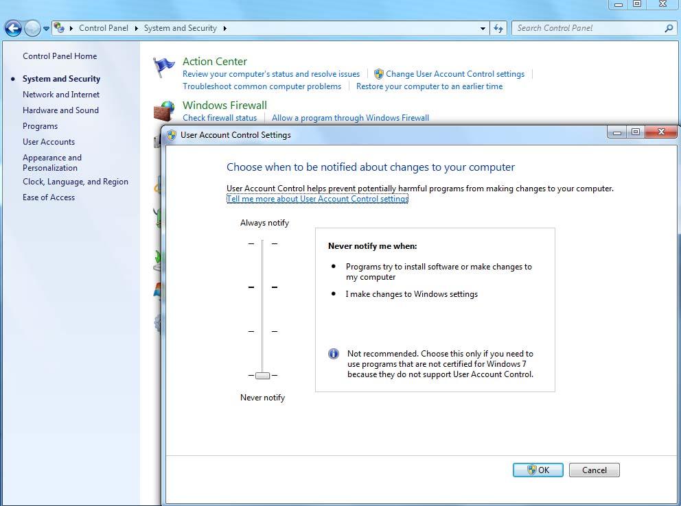 4.2 WINDOWS 7 Select <Never notify> option in User Account Control Settings