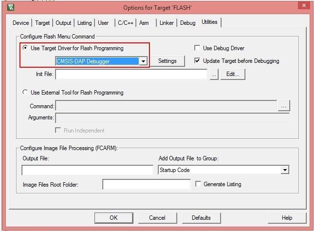 5. In the same window Click on Utility tab and select CMSIS DAP Debugger in the drop down for Use Driver for Flash