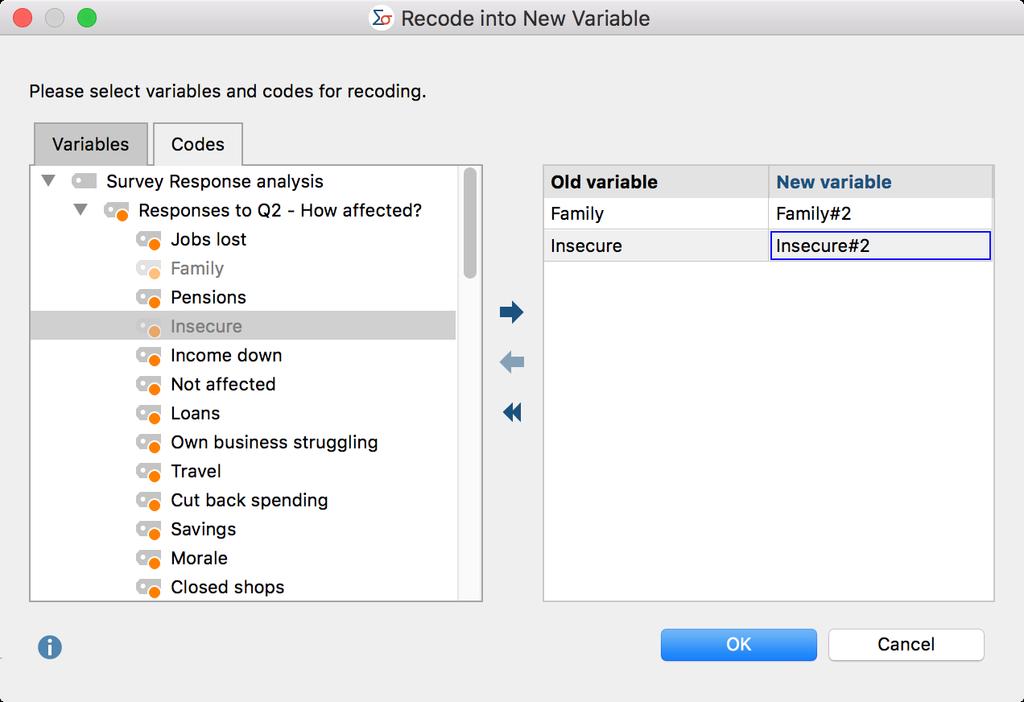 Select codes for recoding as new variables Assuming that you are only interested in whether or not a code has been assigned in a document, the exact number of code frequencies is not relevant, but