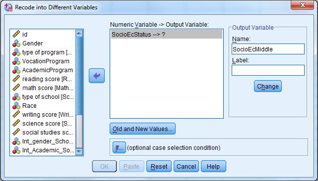 High school program is a categorical variable Then create the dummies needed by choosing Transform >> Recode into Different Variables from the Menu bar. The following dialog window will appear.