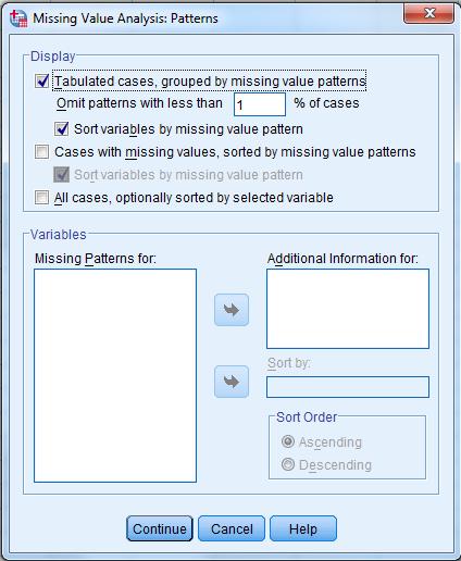 Mark Tabulated cases,... to get a summary of the missing data pattern when one or more variables are excluded. 3.