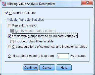 To perform the t-tests, choose Analyze >> Missing Value Analysis from the Menu tab. Click Descriptives. The following dialog window will appear. Mark t tests.
