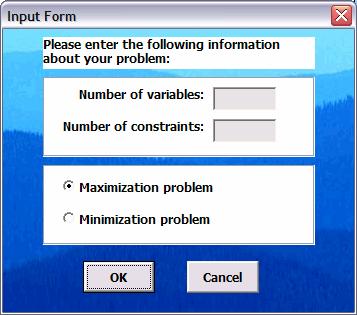 He or she also specifies if the problem has a maximization or minimization objective. Figure CS14.6 The input form.