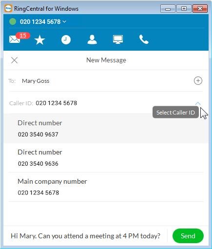 RingCentral for UK Desktop Send or Receive a Text Send or Receive a Text Message RingCentral for UK Desktop lets you send a text message to anyone within your company network, so you can communicate
