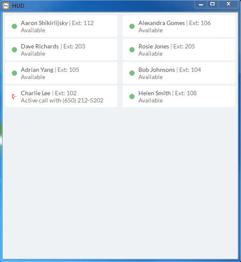 RingCentral for UK Desktop Active Call Layout HUD Call Monitoring Incoming calls to an extension within the HUD list can