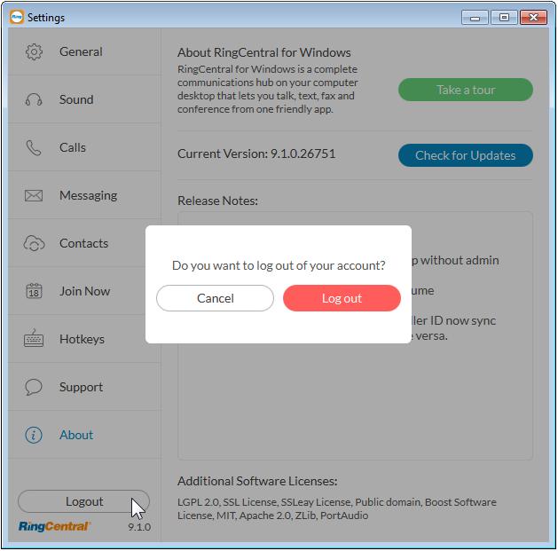 RingCentral for UK Desktop Log out of RingCentral for UK Desktop Log out of RingCentral for UK Desktop When you re done with work for the day, you can log out of RingCentral for Desktop.
