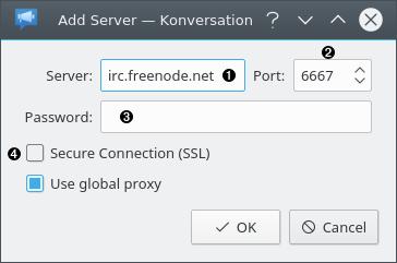 When you click the Add button in the Servers frame, the Add Server screen appears. 1 2 3 4 1 2 3 4 The name or IP number of the server. irchelp.org maintains a list of servers.
