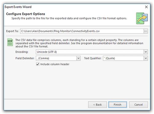 Events Logging On the next page of the Export Events Wizard, you are offered to choose a file you are going to save the events to and the CSV format options.