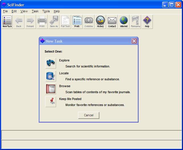 Starting SciFinder 11 When you are connected to CAS, the main SciFinder window displays. It contains the Main Menu, Main Toolbar, and New Task dialog box.