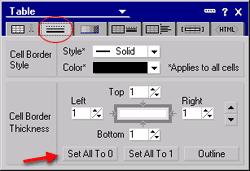 With the controls on this tab, you can modify the color, style and thickness of the table borders for any set of cells you select. We want to remove the borders for all the cells in the table.