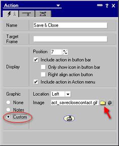 Set Graphic to Custom (circled above). This allows you to specify an image resource to use for the graphic. The Image field is where you enter the name of the image resource to use for this button.