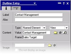 A new, untitled outline entry appears below the outline root, and the Outline Entry Properties box opens, with the focus in the Label field. Enter the label "Contact Management". Step 2.