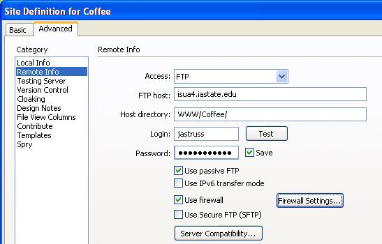 6. Click to Remote Info- for FTP host: use isua4.iastate.edu, for Host directory: use WWW/Coffee/ and enter your NetId and Password for Login and Password. Click Use passive FTP and Use firewall.