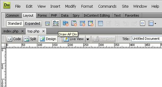 Creating the parts Pull down under File to New and Create a new Blank / HTML page. Save the page and name it top.php. Select the Layout mode from within the Insert toolbar.