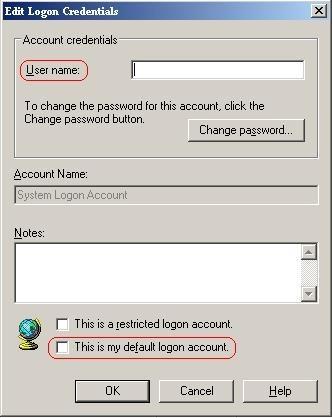 3. In the Edit Logon Credentials screen, enter the User name in the format <domain name>\<user name> 4.