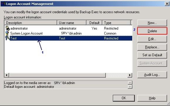 2. Select the Backup Exec logon account to delete, and then click Delete (Figure 1) 3.
