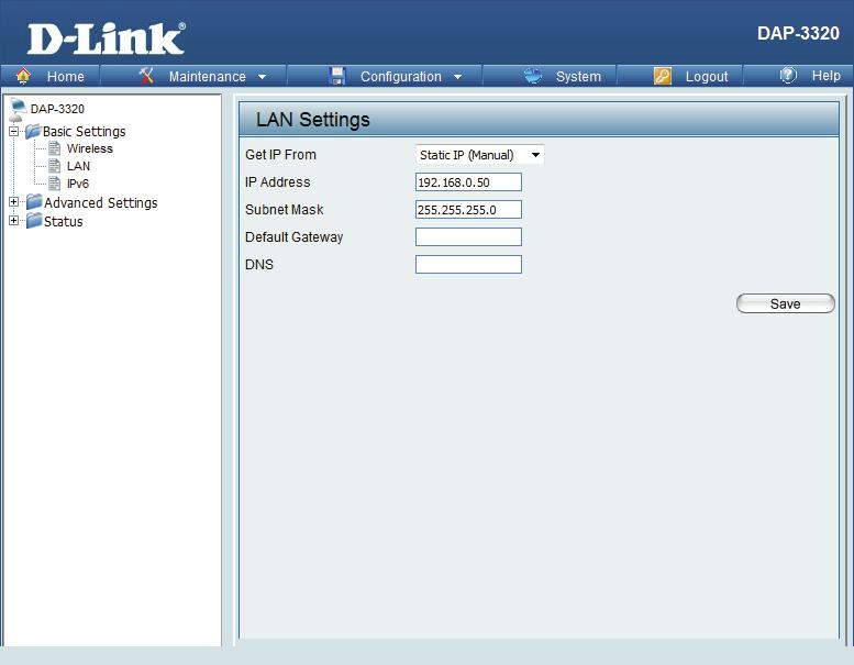 LAN LAN is short for Local Area Network. This is considered your internal network. These are the IP settings of the LAN interface for the DAP-3320.