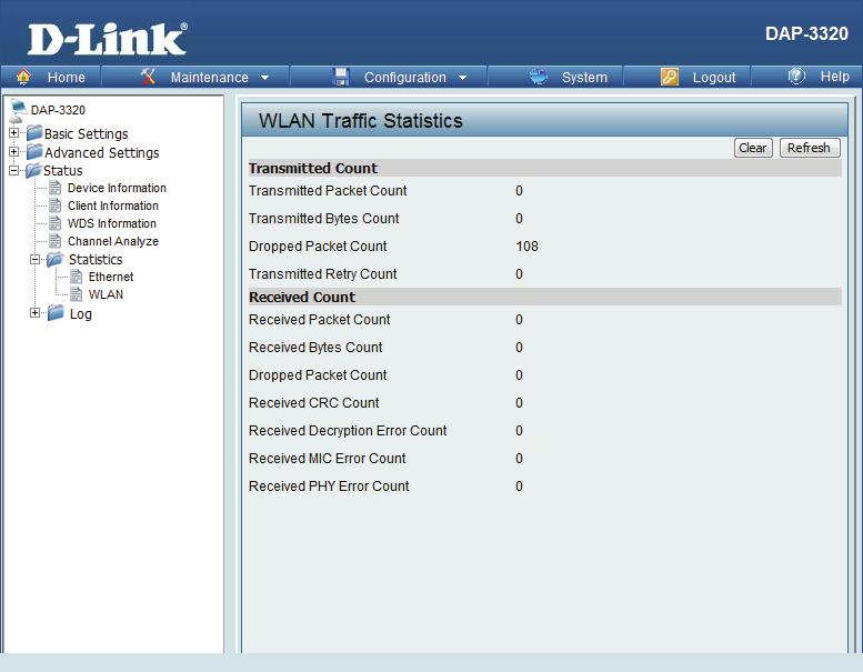 WLAN Traffic This page displays wireless network statistics for