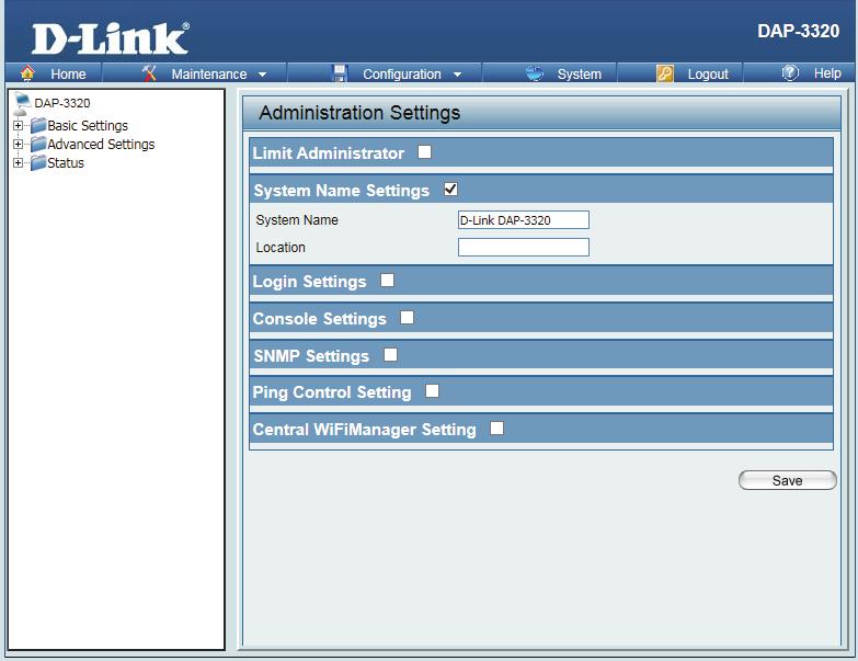 System Name Settings Each of the five main categories display various hidden administrator parameters and settings.