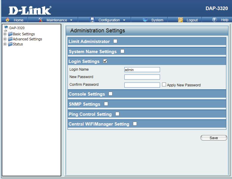 Login Settings Each of the five main categories display various hidden administrator parameters and settings. Login Name: Old Password: New Password: Confirm Password: Enter a user name.