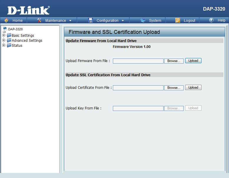 Firmware and SSL Certification Upload This page allows the user to perform a firmware upgrade. Be sure to check the support.dlink.