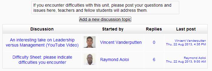 In the example above, there are two topics or discussions, as they are called in Moodle, but in principle there could be an unlimited number discussion in one forum.