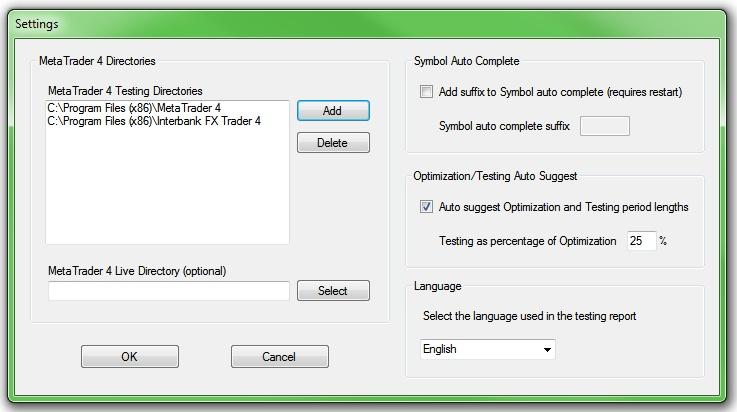 Settings On first launch of the Walk Forward Analyzer, the Settings window will appear. Press the Add button to set the path of your MetaTrader 4 installation folder.