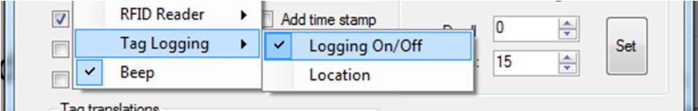 If the user would like to have a beep played after a tag read, click on the Beep option. If tag logging is desired, the user can also click on Logging On/Off to toggle the logging.