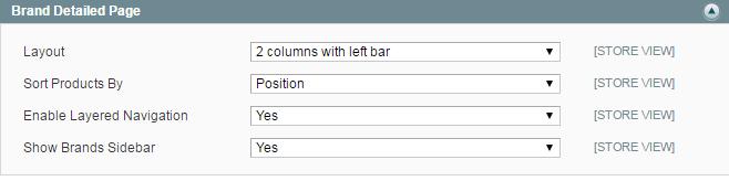 3. Brand Detailed Page Settings Layout - Specify layout type for brand pages, select the one that matches your store design theme: 1 column; 2 columns with left sidebar; 2 columns with right sidebar;