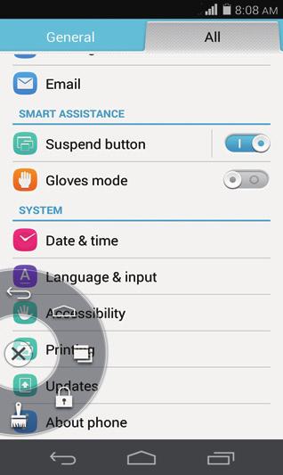 Suspend button The suspend button contains a variety of useful functions and shortcuts, which lets you quickly configure your phone settings or launch applications.