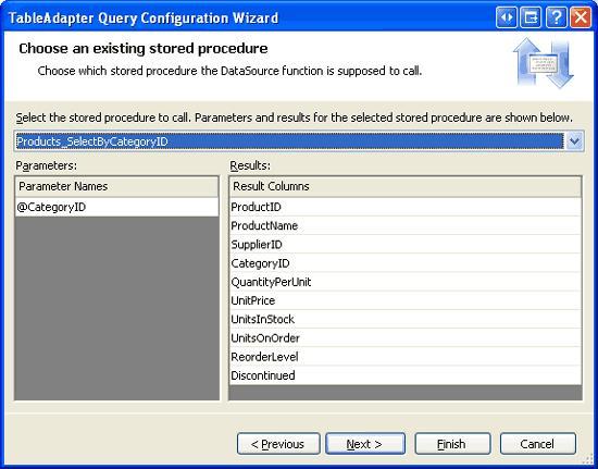 5 of 20 Figure 4: Pick the Products_SelectByCategoryID Stored Procedure The next screen asks us what kind of data is returned by the stored procedure and our answer here determines the type returned