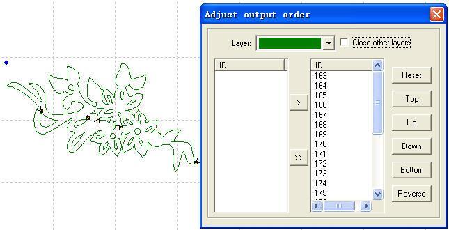 20 Convert the text to curve. 4.4.6 Output order By this tool, you can layout the processing sequence as you prefer. Click this button, Each ID number represents a separate graphics.
