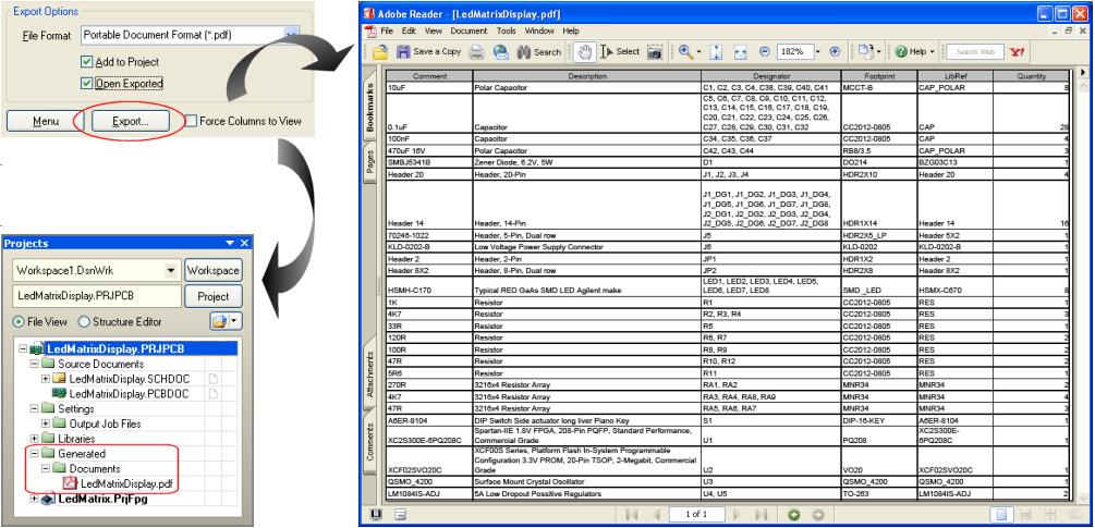 An instance of the Report Manager dialog, illustrating the conﬁguration of an example Bill of Materials for a project.