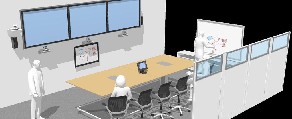 Collaborative War Room Room adapts to telepresence, audio conferencing, and local multi-media presentation modes with automated: Lighting, shades, audio controls User-friendly touch control user