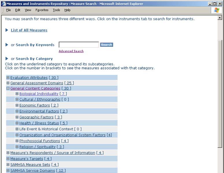 Page I.D..4 Page Title Measures and Instruments Repository : Measure Category Search Version.0 File name M_category.htm. Clicking on the category will reveal its subcategories and replace the plus.